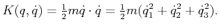 $\displaystyle K(q,{\dot q}) = \begin{matrix}\frac{1}{2} \end{matrix} m {\dot q}...
...atrix}\frac{1}{2} \end{matrix} m ({\dot q}_1^2 + {\dot q}_2^2 + {\dot q}_3^2) .$