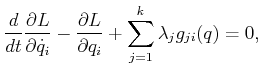 $\displaystyle \frac{d}{dt} \frac{\partial L}{\partial {\dot q}_i} - \frac{\partial L}{\partial q_i} + \sum_{j=1}^k \lambda_j g_{ji}(q) = 0 ,$