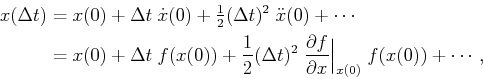 \begin{displaymath}\begin{split}x({\Delta t}) & = x(0) + {\Delta t}\; {\dot x}(0...
...}{\partial x}\Big\vert_{x(0)} \; f(x(0)) + \cdots , \end{split}\end{displaymath}