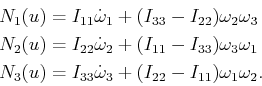 \begin{displaymath}\begin{split}{N}_1(u) & = I_{11} {\dot \omega}_1 + (I_{33}-I_...
...dot \omega}_3 + (I_{22}-I_{11}) \omega_1 \omega_2 . \end{split}\end{displaymath}
