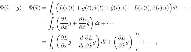 \begin{displaymath}\begin{split}\Phi({{\tilde{x}}}+ g) - \Phi({{\tilde{x}}}) & =...
...\dot x}} g \right)\Bigg\vert_{t_0}^{t_1} + \cdots , \end{split}\end{displaymath}
